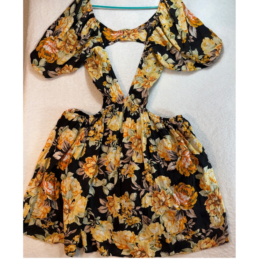 Bardot Floral Cut-Out Mini Dress Black Yellow Puff Sleeve Open Back US 10 L